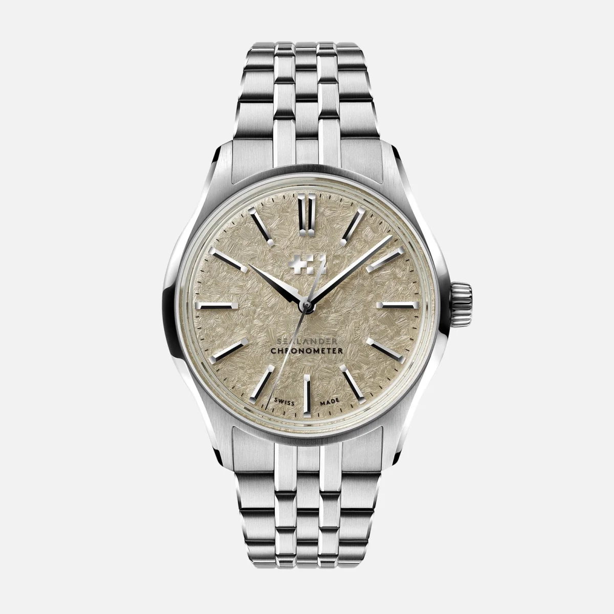 Christopher Ward Sealander Chronometer watch featuring a textured beige dial and a stainless steel bracelet.