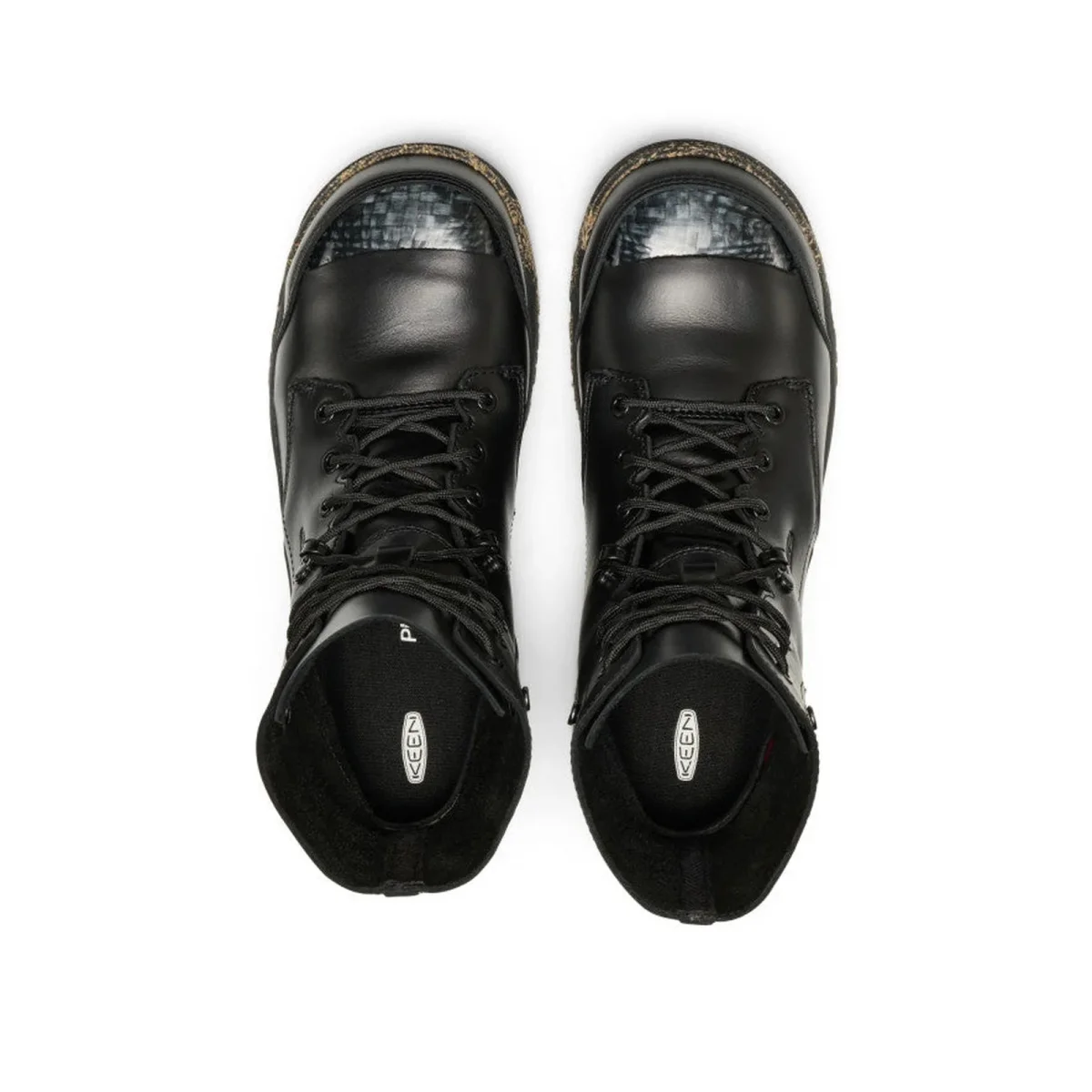 Pair of black leather work boots with reinforced carbon-fiber toe caps and KEEN branded insoles, viewed from above.