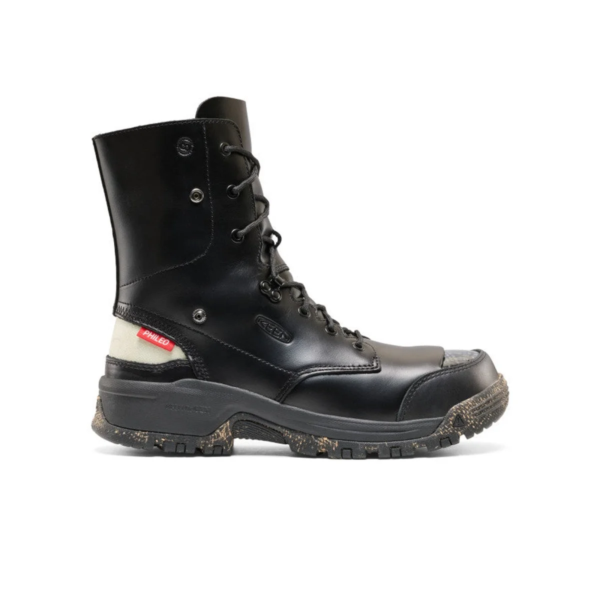 Black high-shaft lace-up boot featuring a red Phileo brand tag at the heel and a thick, speckled lugged sole.