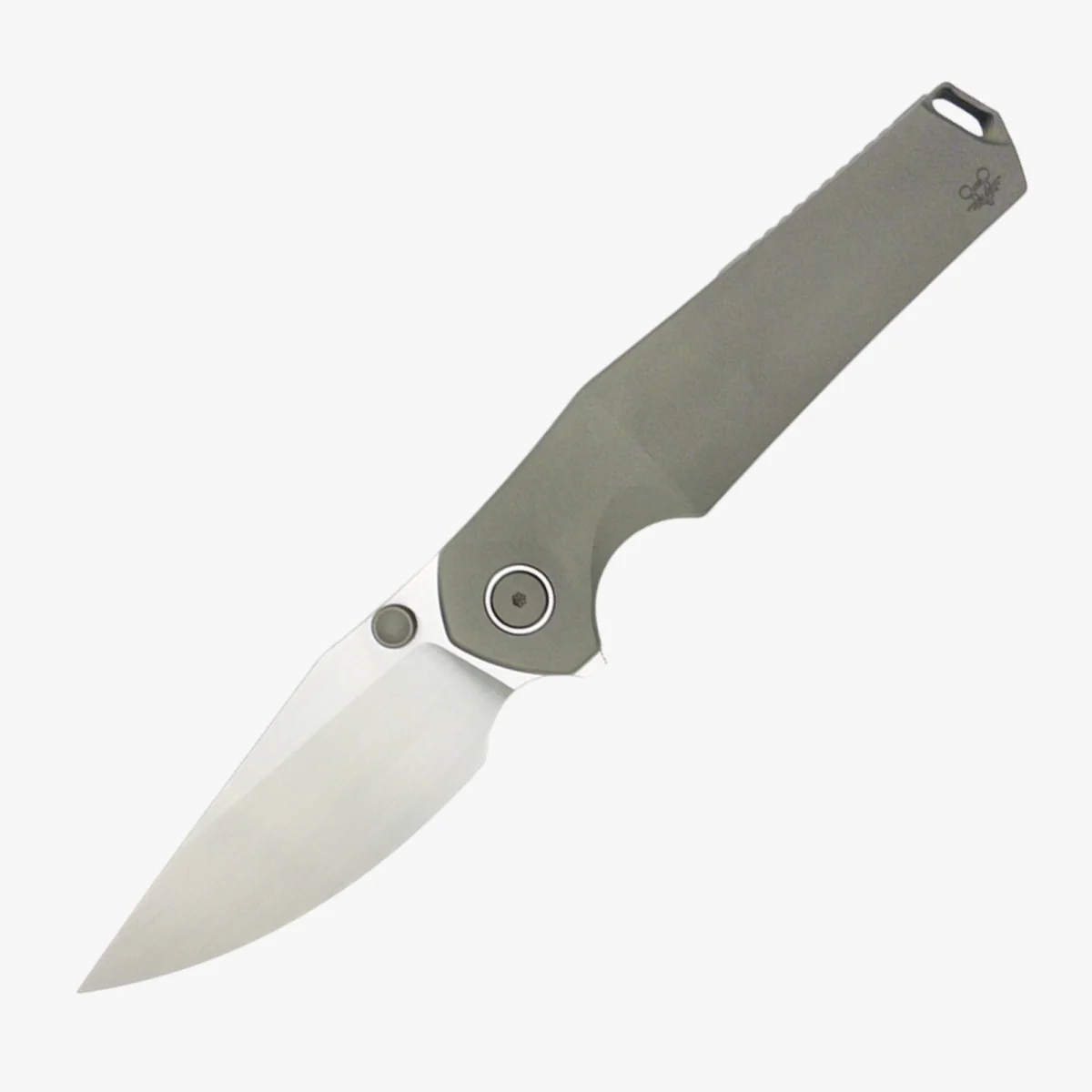 Folding knife with a satin-finished drop-point blade and a matte grey titanium handle.