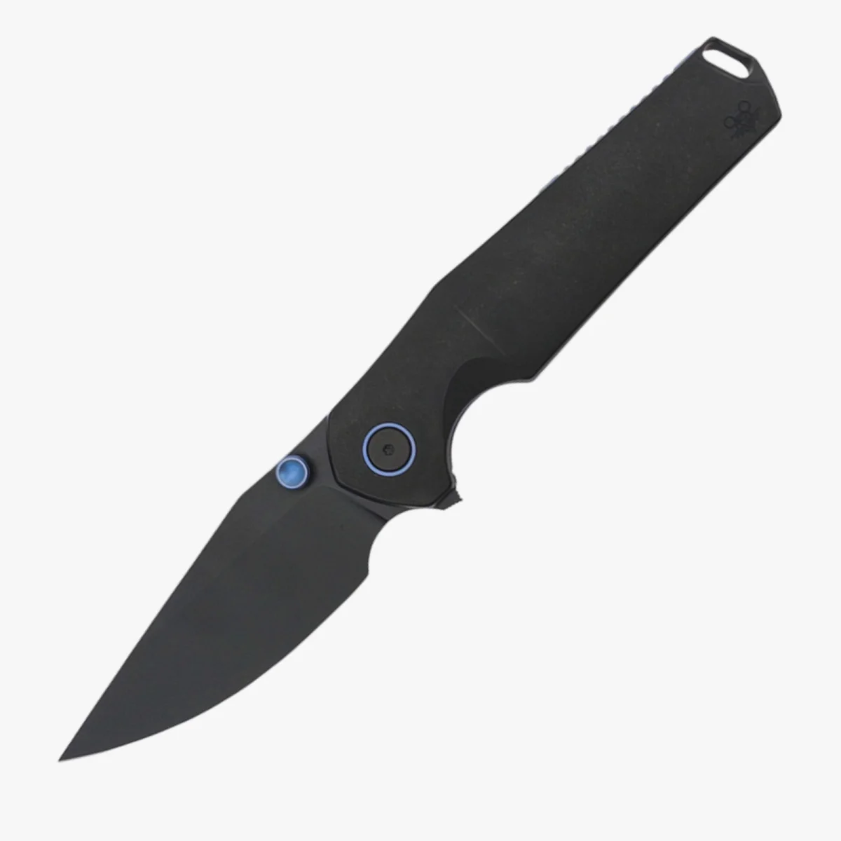 Black folding pocket knife featuring a matte-finish blade and handle with a blue pivot collar and thumb stud.