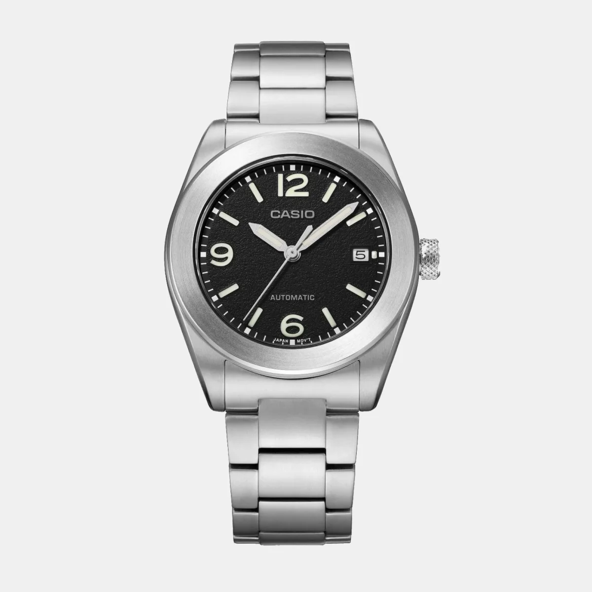 Casio automatic watch featuring a silver stainless steel link bracelet, round silver bezel, and a black textured dial with Arabic numerals and a date window.