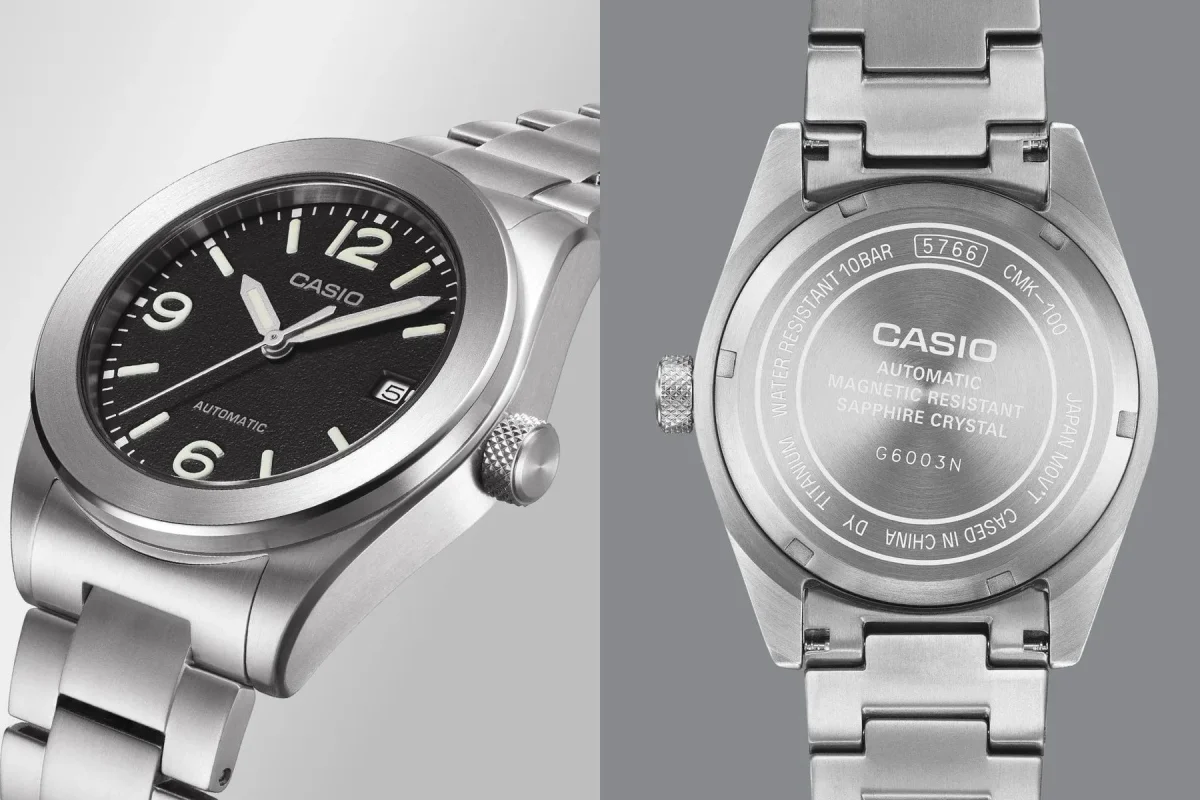 Silver-tone Casio automatic watch, shown from the front with a black dial and from the back, displaying its titanium case and specifications.