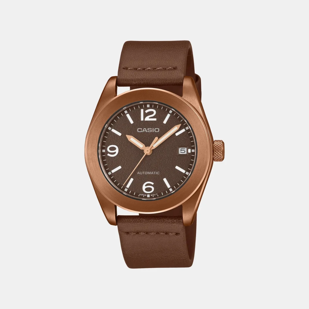 Casio automatic watch featuring a copper-tone case, a brown dial with white numerals and a date display, and a brown leather strap.