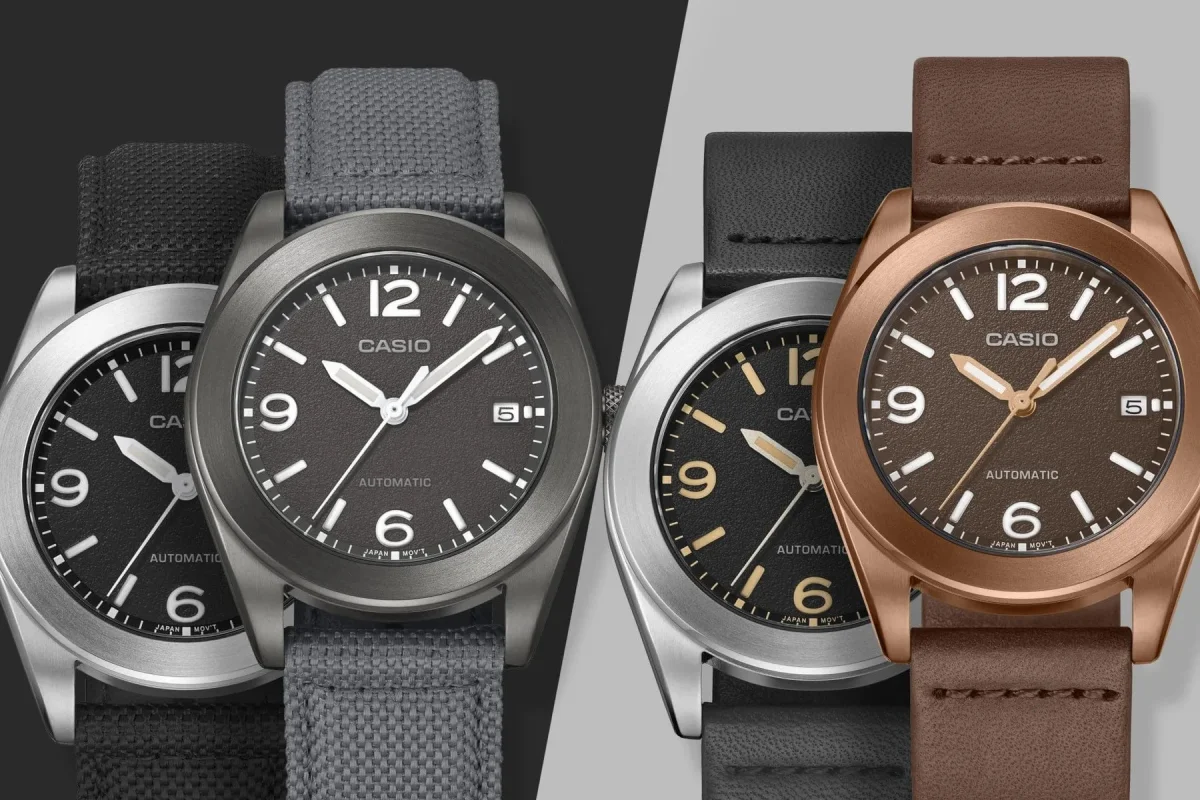 Four Casio automatic watches with black dials and numeral hour markers, displayed in varying case metals and strap materials.