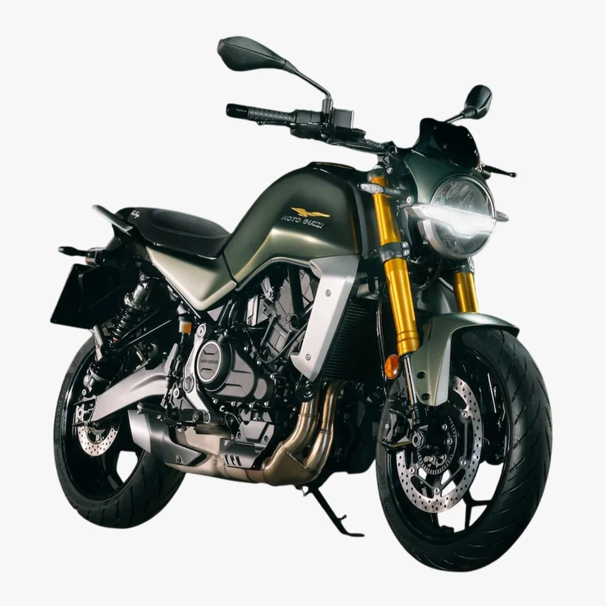Olive green Moto Guzzi motorcycle featuring gold front forks and a round headlight.