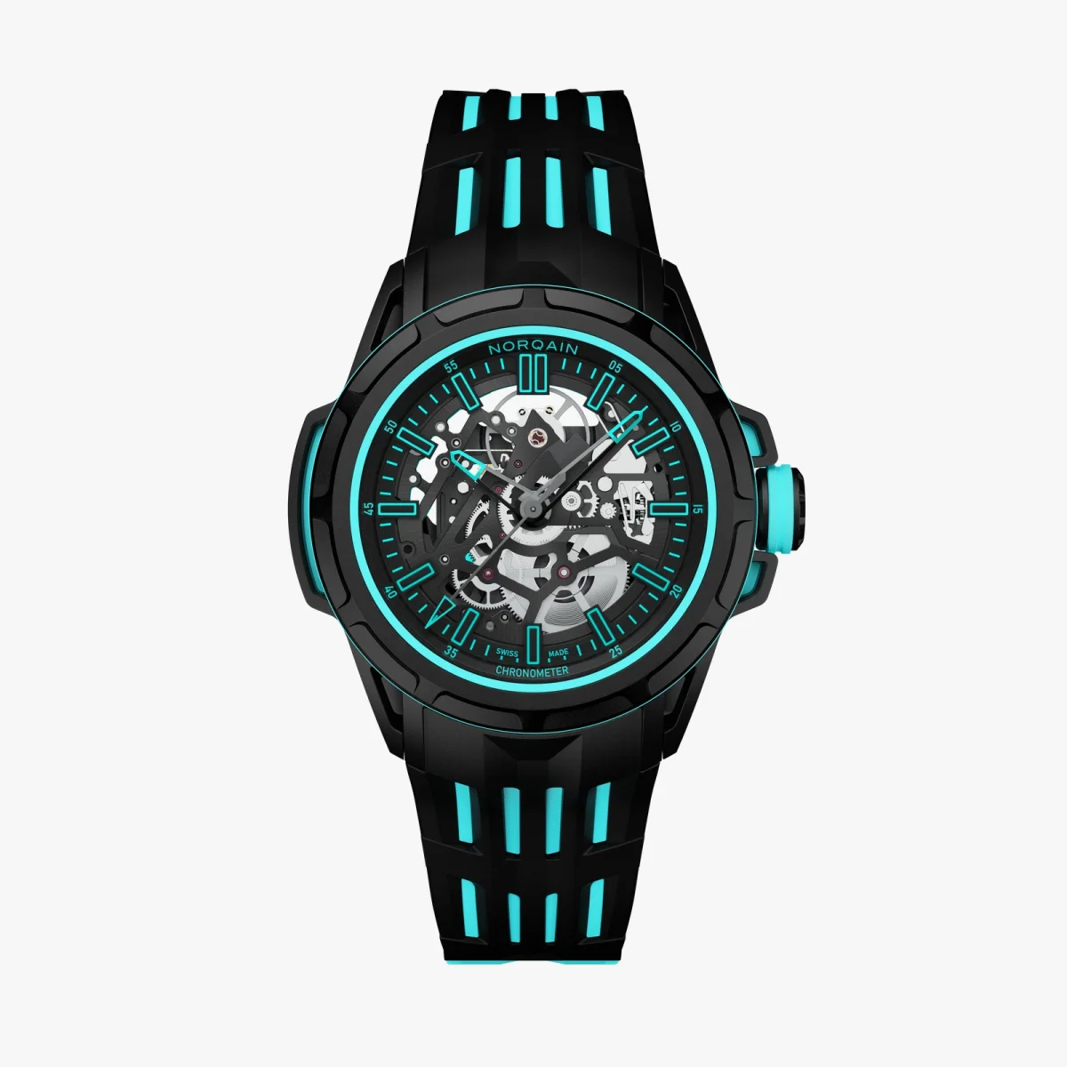 Norqain skeletonized watch featuring a black case, cyan dial accents, and a black rubber strap with cyan detailing.