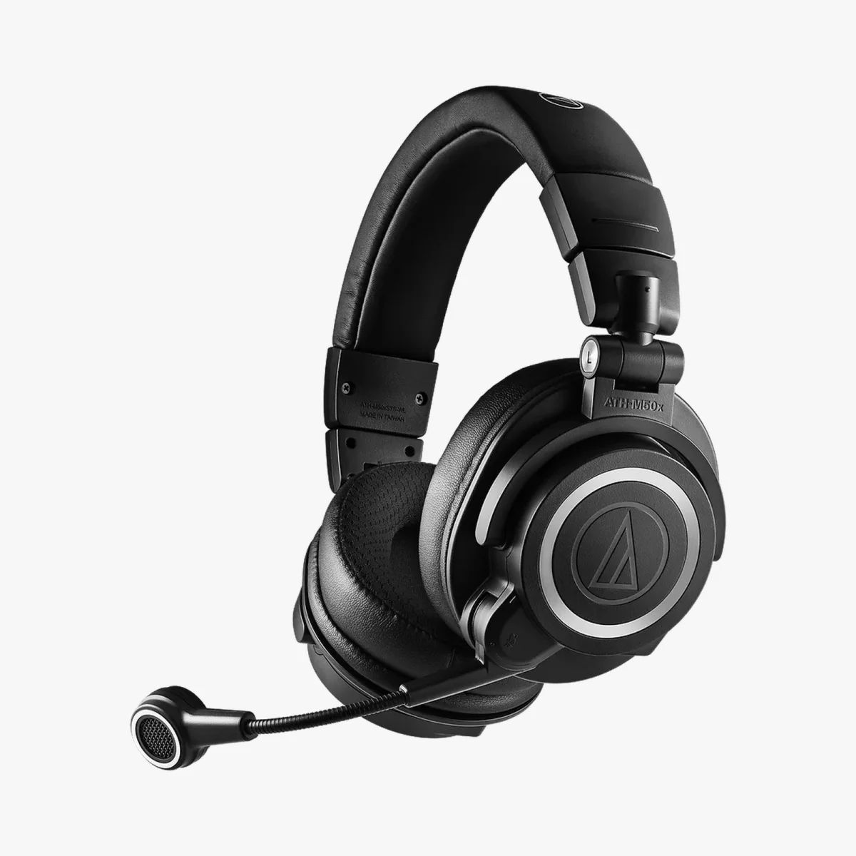 Black Audio-Technica ATH-M50x professional monitor headphones featuring an attached boom microphone.