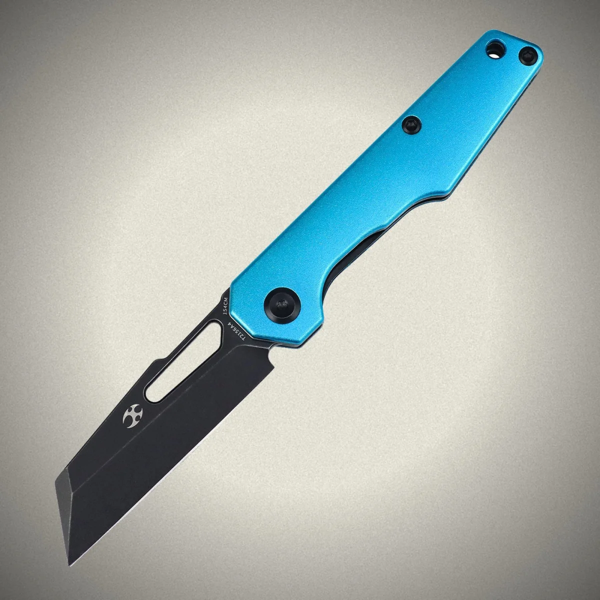 Folding knife featuring a bright blue handle and a black tanto-style blade.
