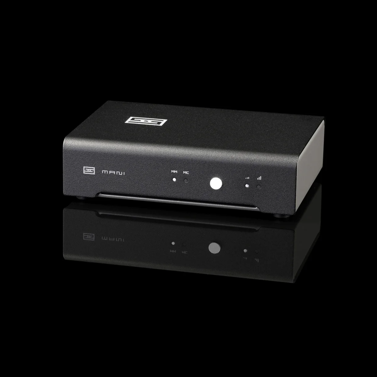Black Schiit Mani phono preamp with a matte black finish, a front-facing power button, MM and MC indicator lights, and input gain level icons.