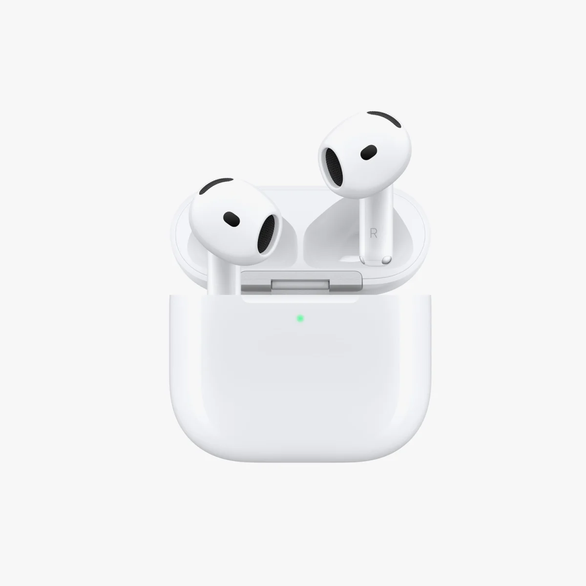 White wireless earbuds in an open charging case with a green status light.