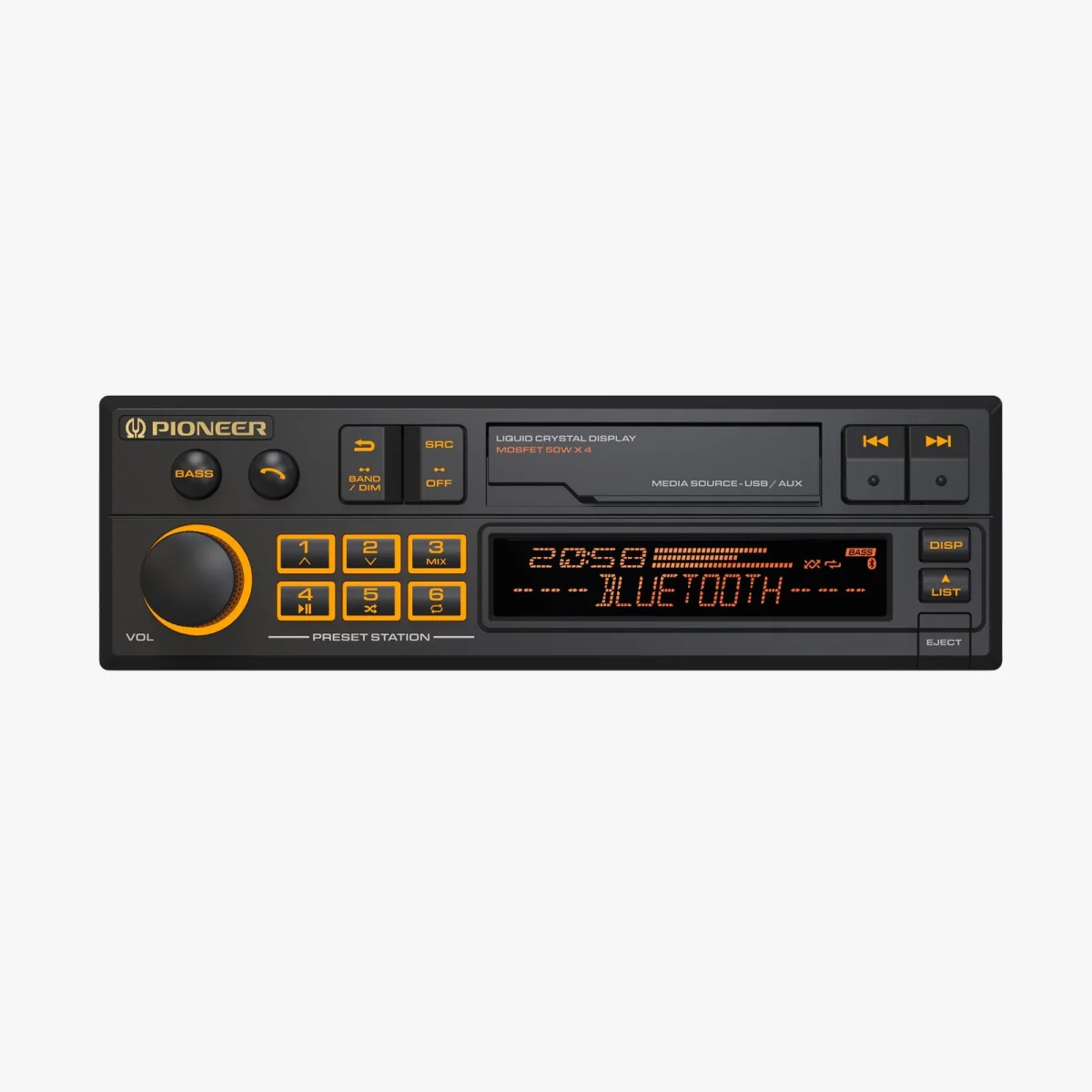 Pioneer car stereo head unit featuring an orange digital display reading Bluetooth, a volume knob, and various preset and media control buttons.