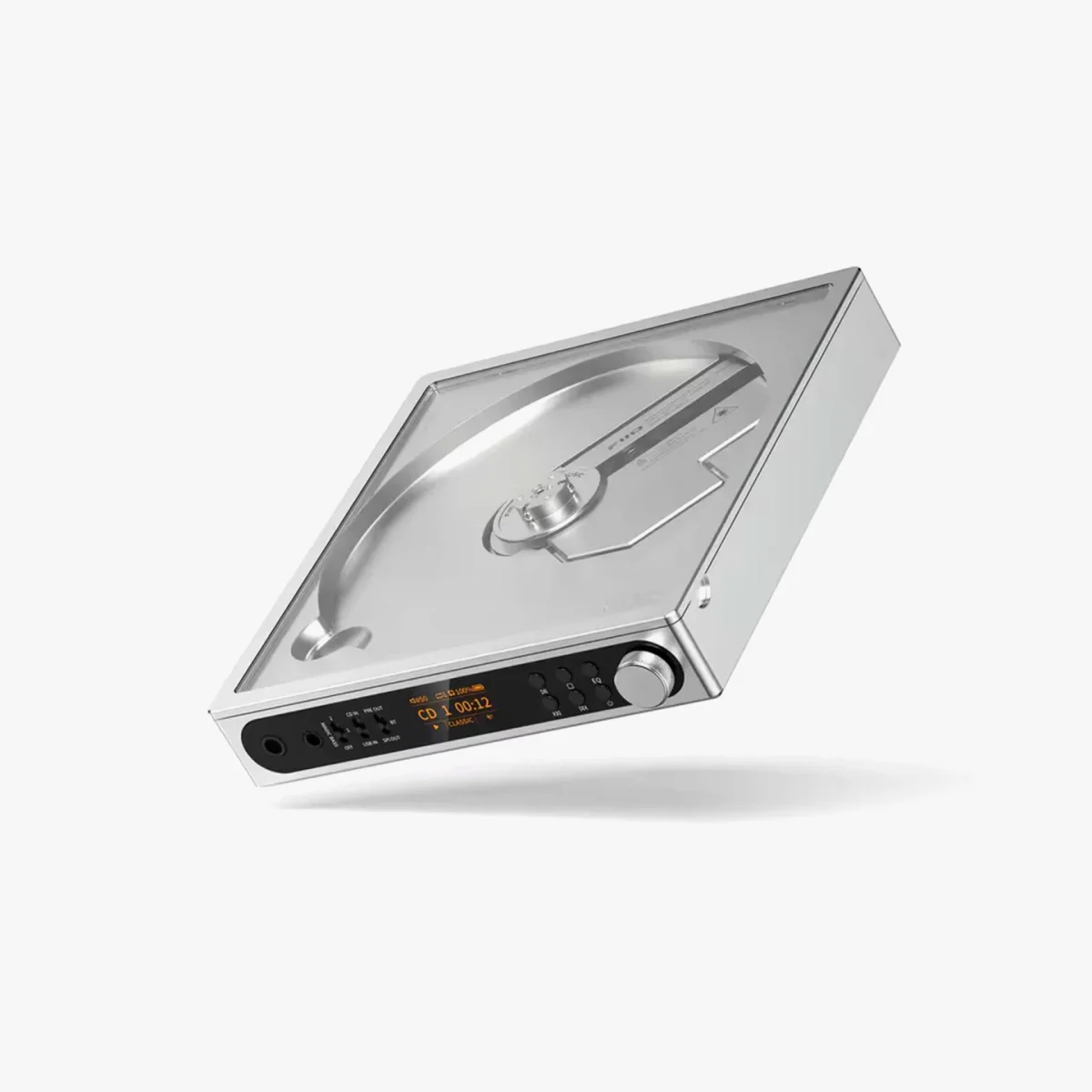Silver metal CD player with digital display and control buttons on the front panel.
