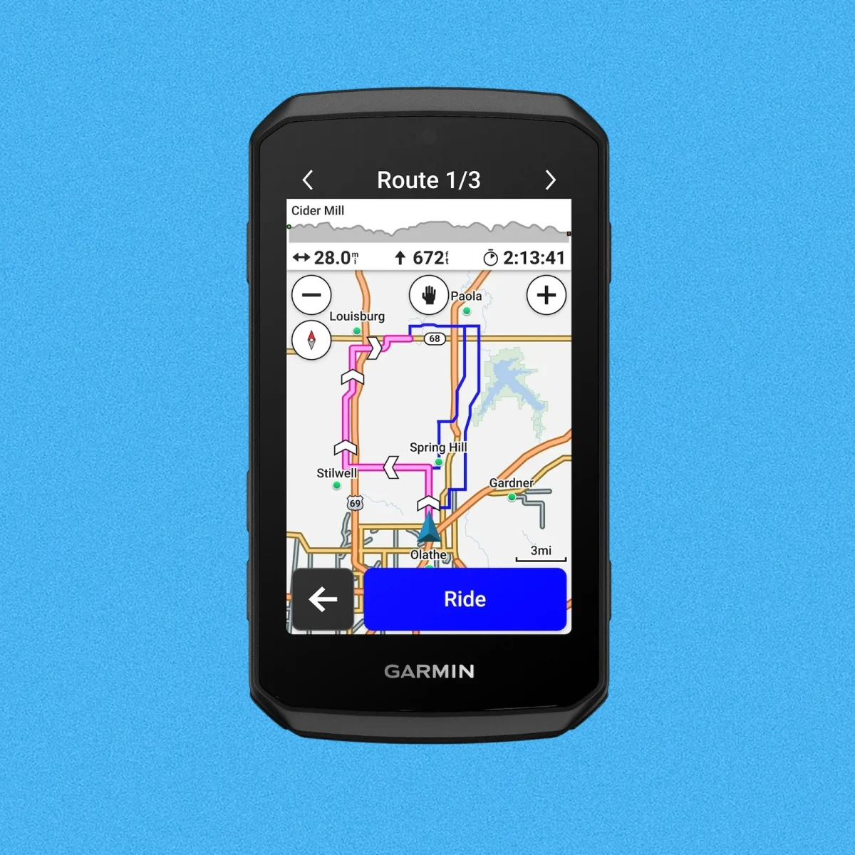Garmin cycling computer displaying a navigation route map with a blue Ride button on a blue screen background.