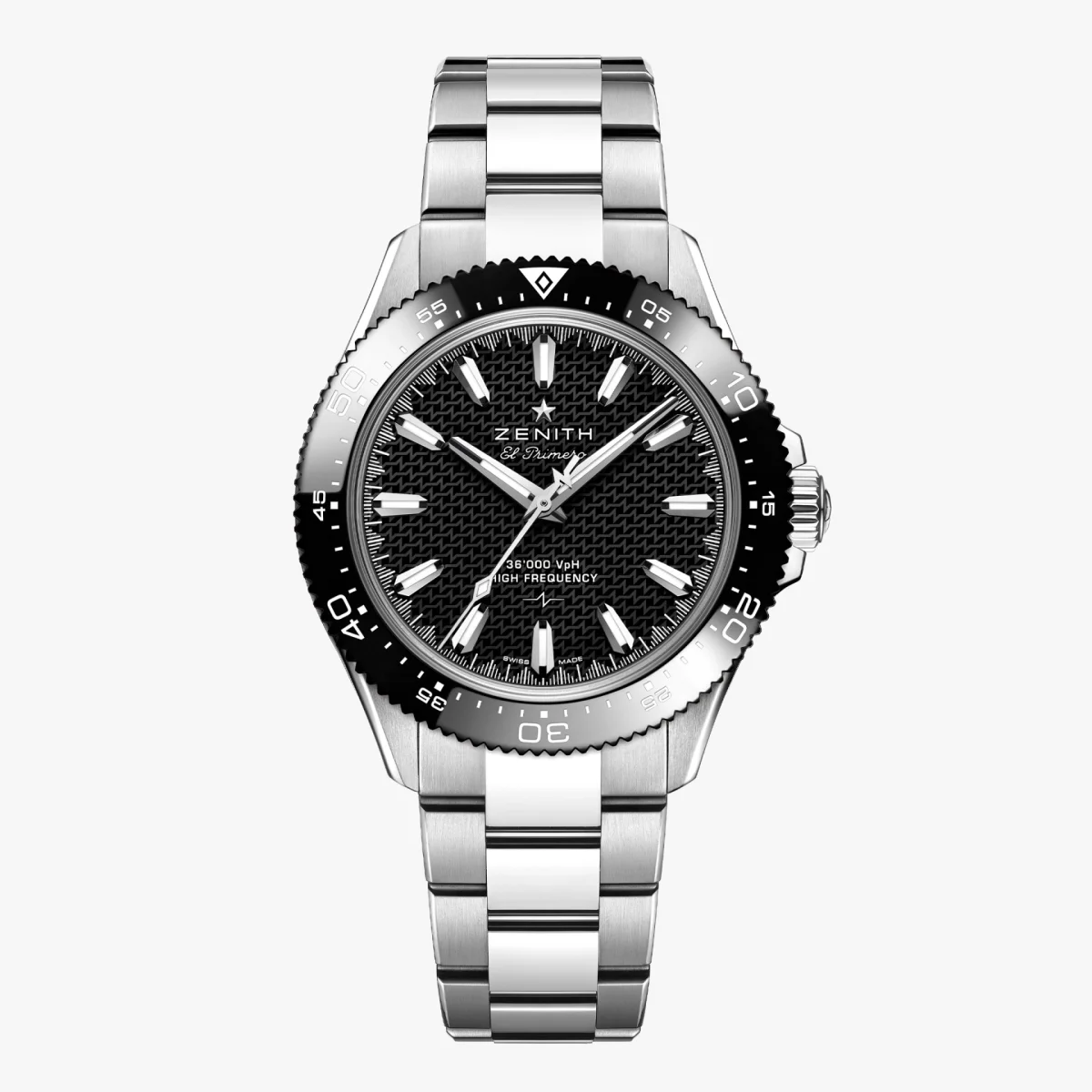 Stainless steel Zenith El Primero wristwatch with black textured dial and rotating bezel.