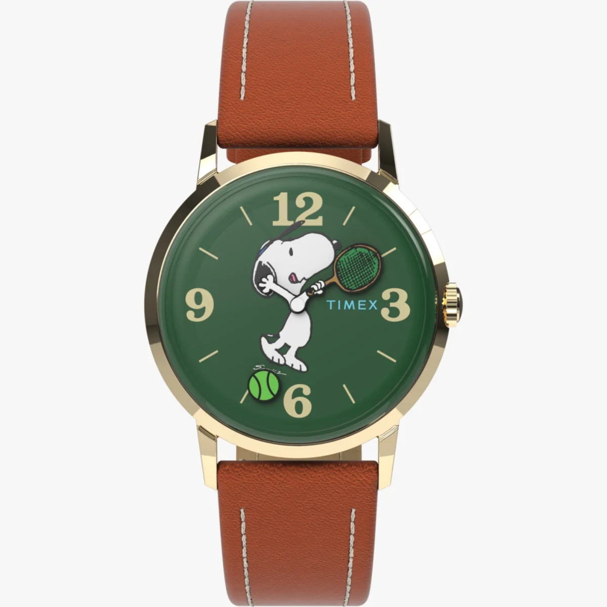 Timex watch with green Snoopy dial, gold-tone case, and brown leather strap.