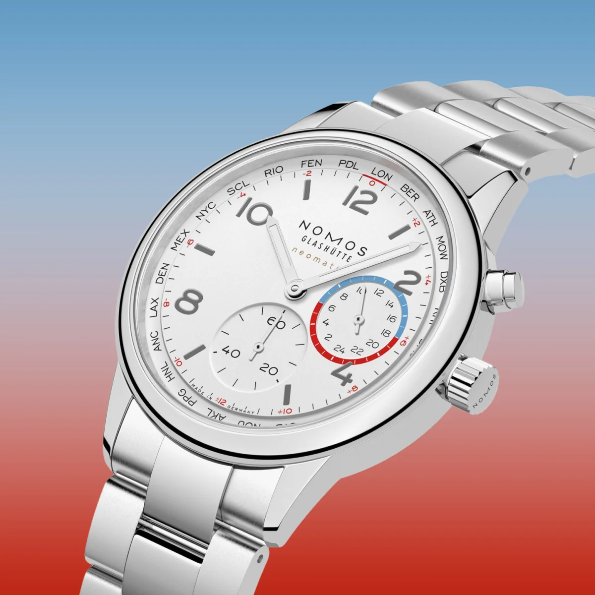 Silver stainless steel NOMOS Glashütte watch with white dial and world time cities on bezel