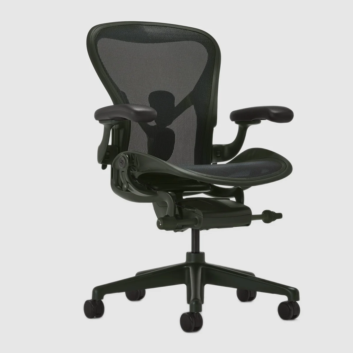 Ergonomic black mesh office chair with adjustable armrests and five caster wheels.