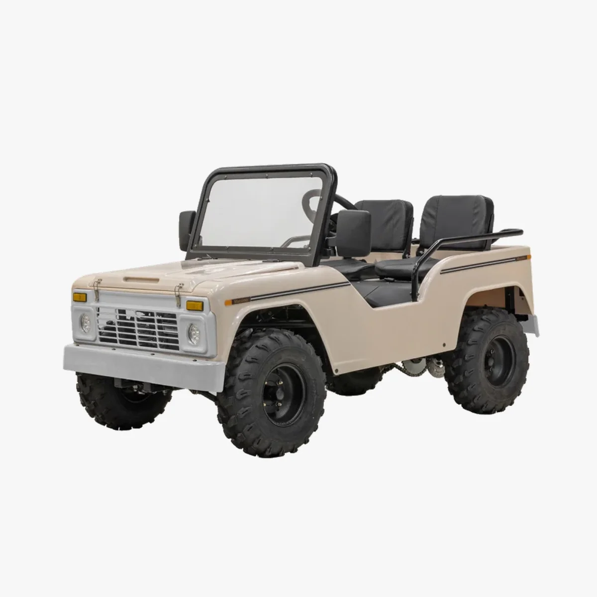 Beige small off-road vehicle with black seats, large rugged tires, windshield, and open sides on a white background.