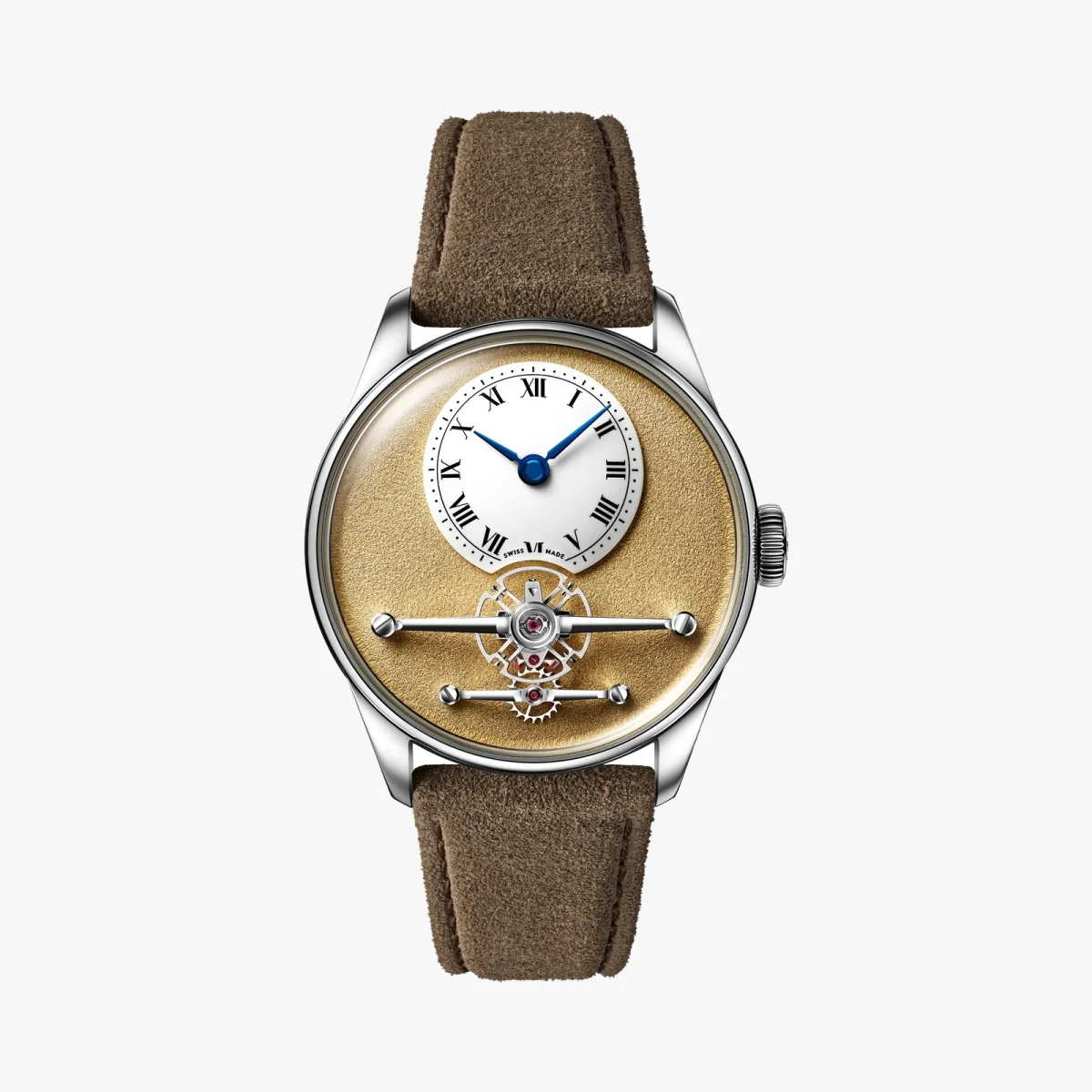 Silver wristwatch featuring a textured gold dial, a white offset sub-dial with Roman numerals and blue hands, and a visible tourbillon escapement, fitted on a brown suede strap.