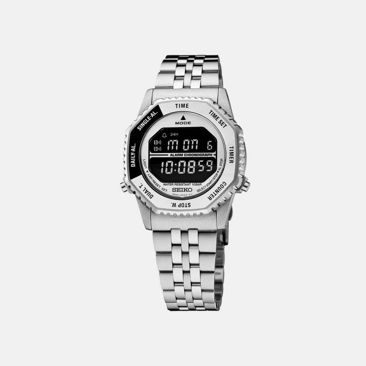 Seiko digital watch featuring a silver stainless steel link band, an octagonal case, and a black digital display showing the time and date.
