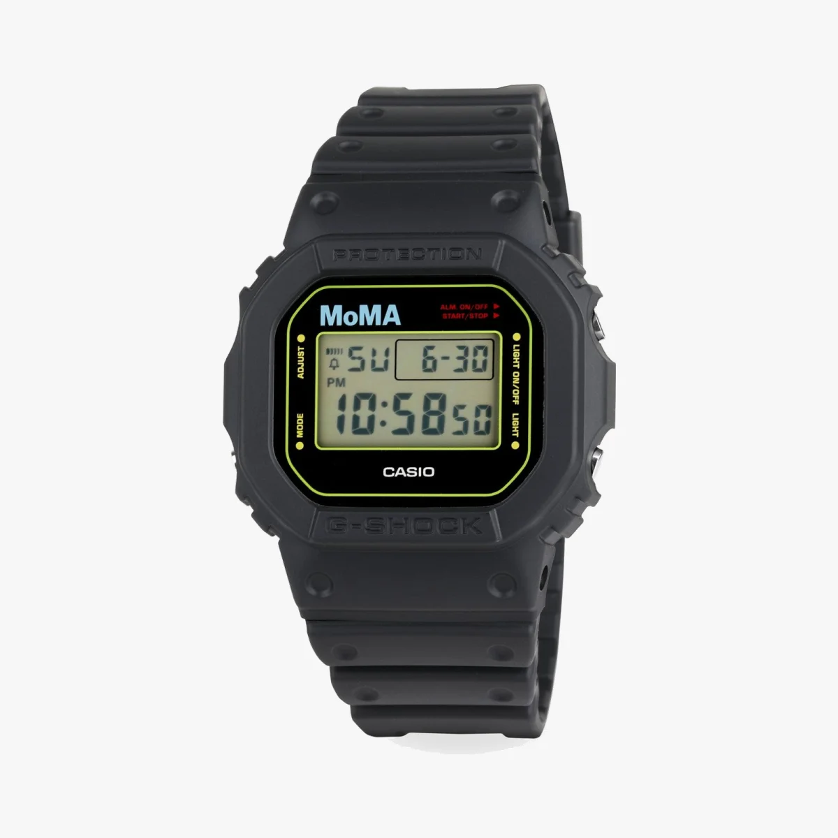 Black Casio G-Shock digital wristwatch with MoMA logo on the display, showing time 10:58:51 and date Friday, 5-11, featuring a rugged design and black resin band.