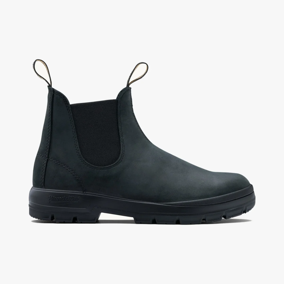 Black leather Chelsea boot with elastic side panels, front and back pull tabs, and a rugged black sole in side profile on a plain white background.
