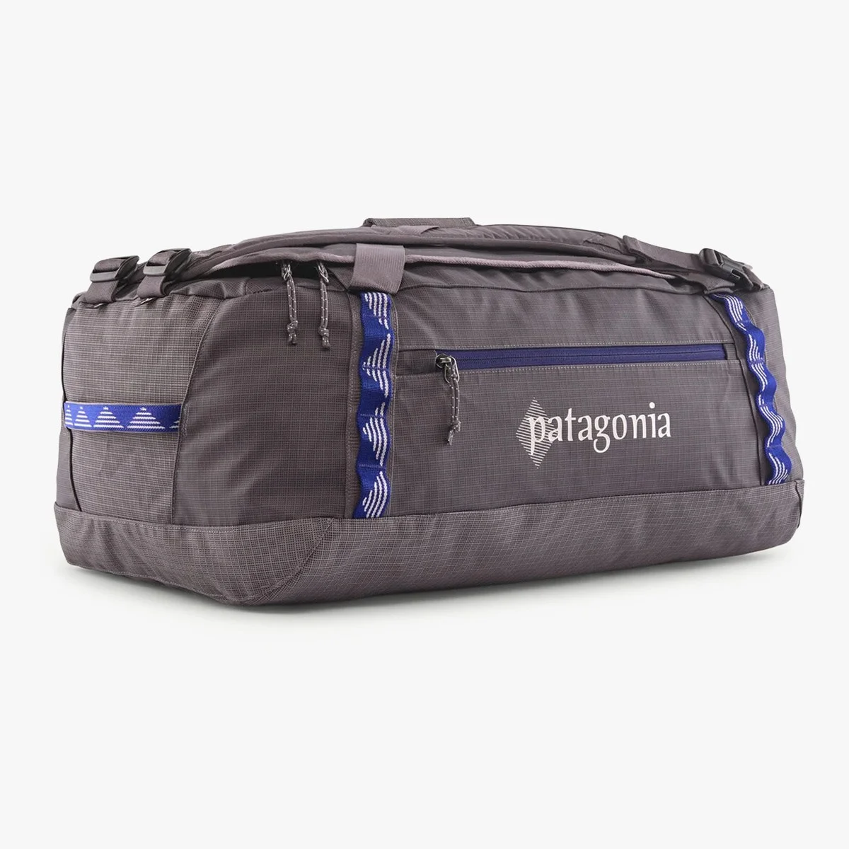 Gray Patagonia duffel bag with blue straps and multiple zippered pockets on a white background.