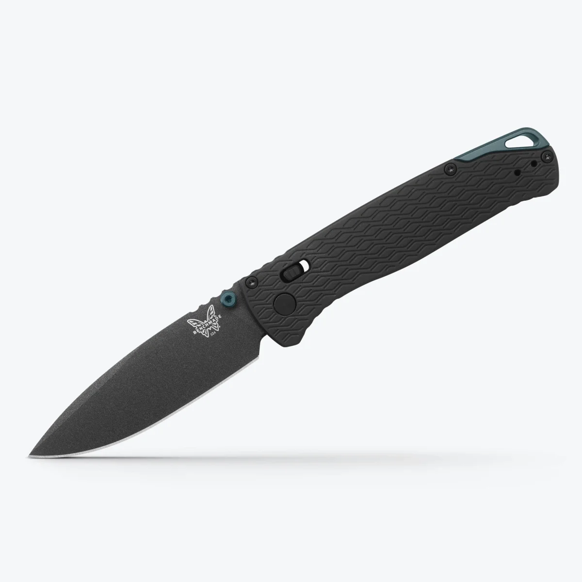Black textured handle folding knife with a partially visible black blade and Benchmade logo.