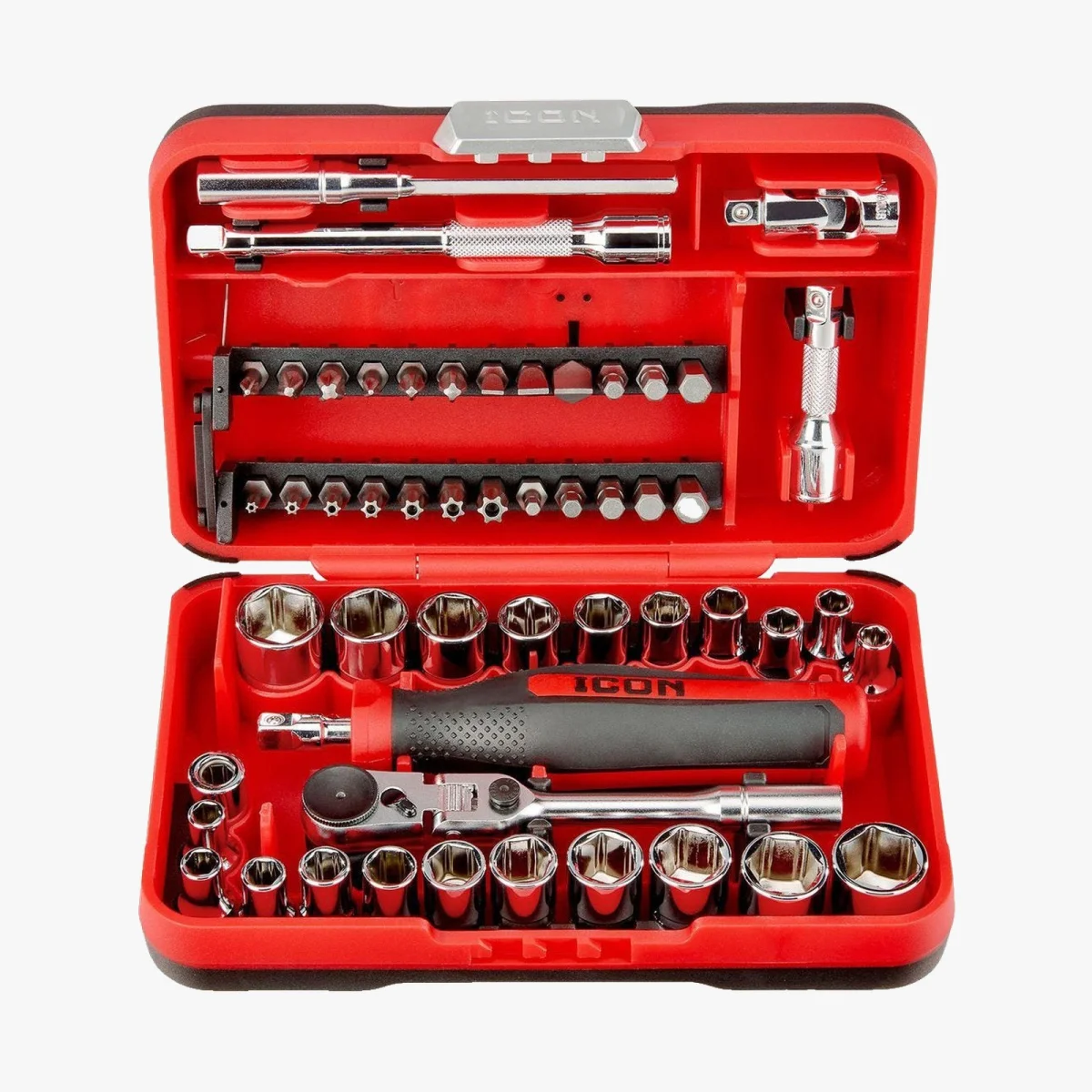 Red ICON socket and bit set in a red plastic carrying case.