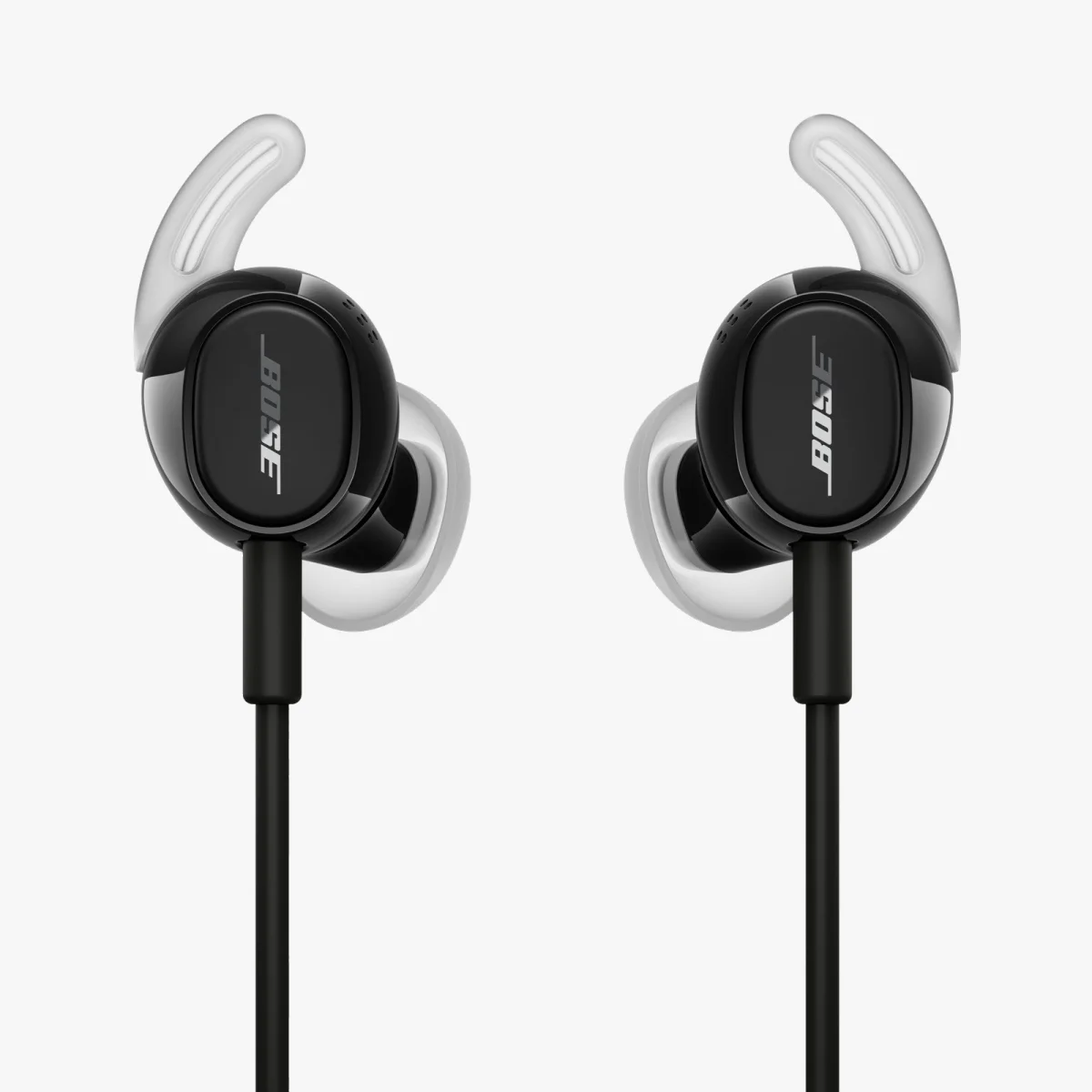 Black wired Bose in-ear headphones with gray silicone ear hooks and the Bose logo on each earpiece, shown on a white background.