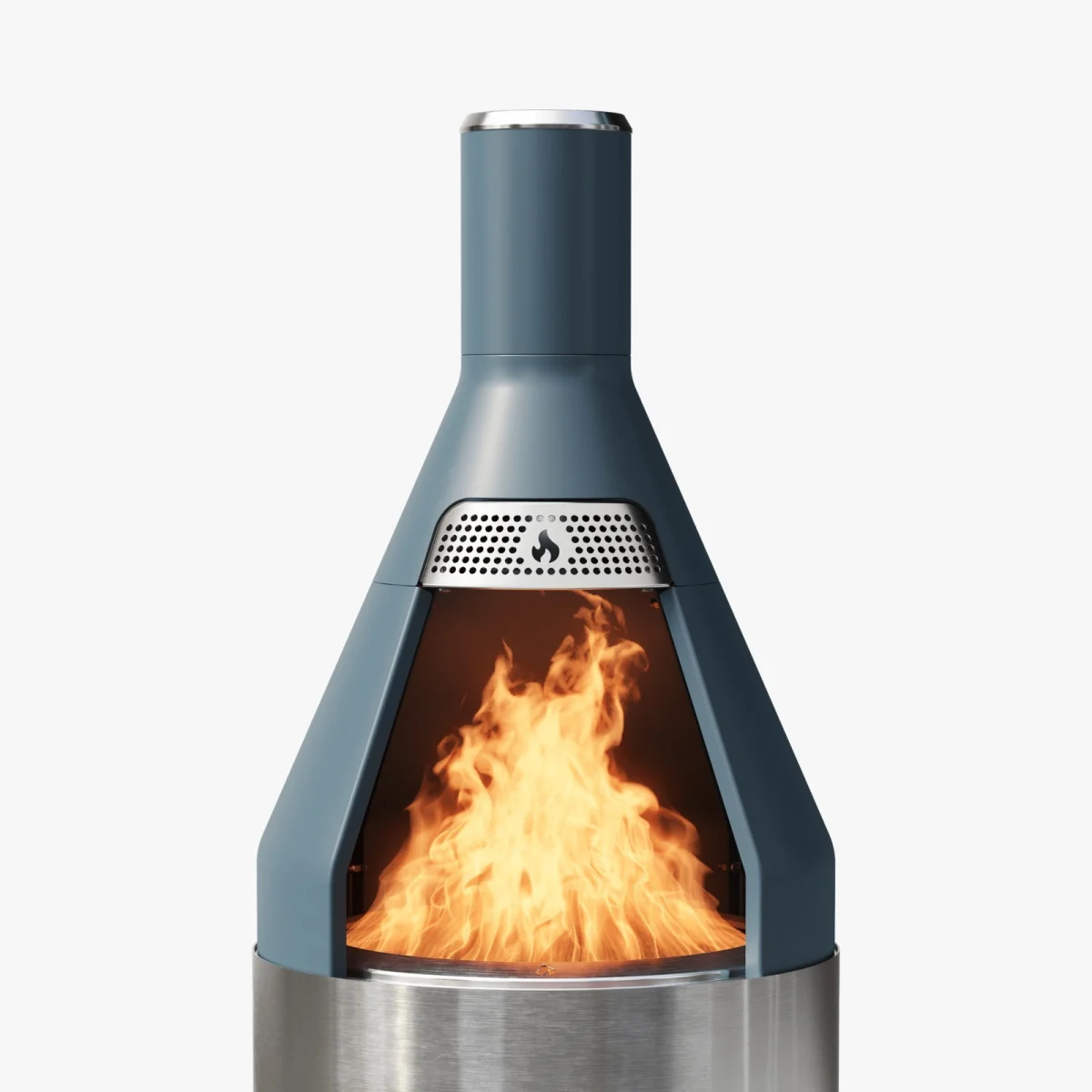 Modern outdoor fireplace featuring a blue-gray chimney, open front displaying a bright contained fire, and metallic base on a plain white background.
