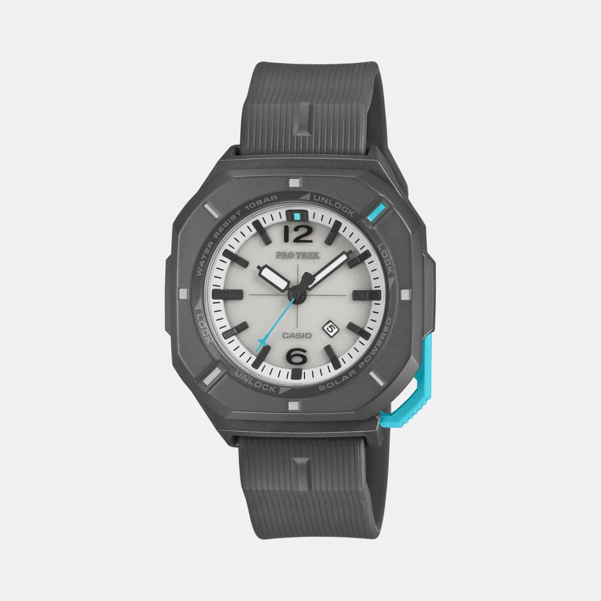Black and turquoise Casio Pro Trek solar-powered watch with white dial and black hour markers.