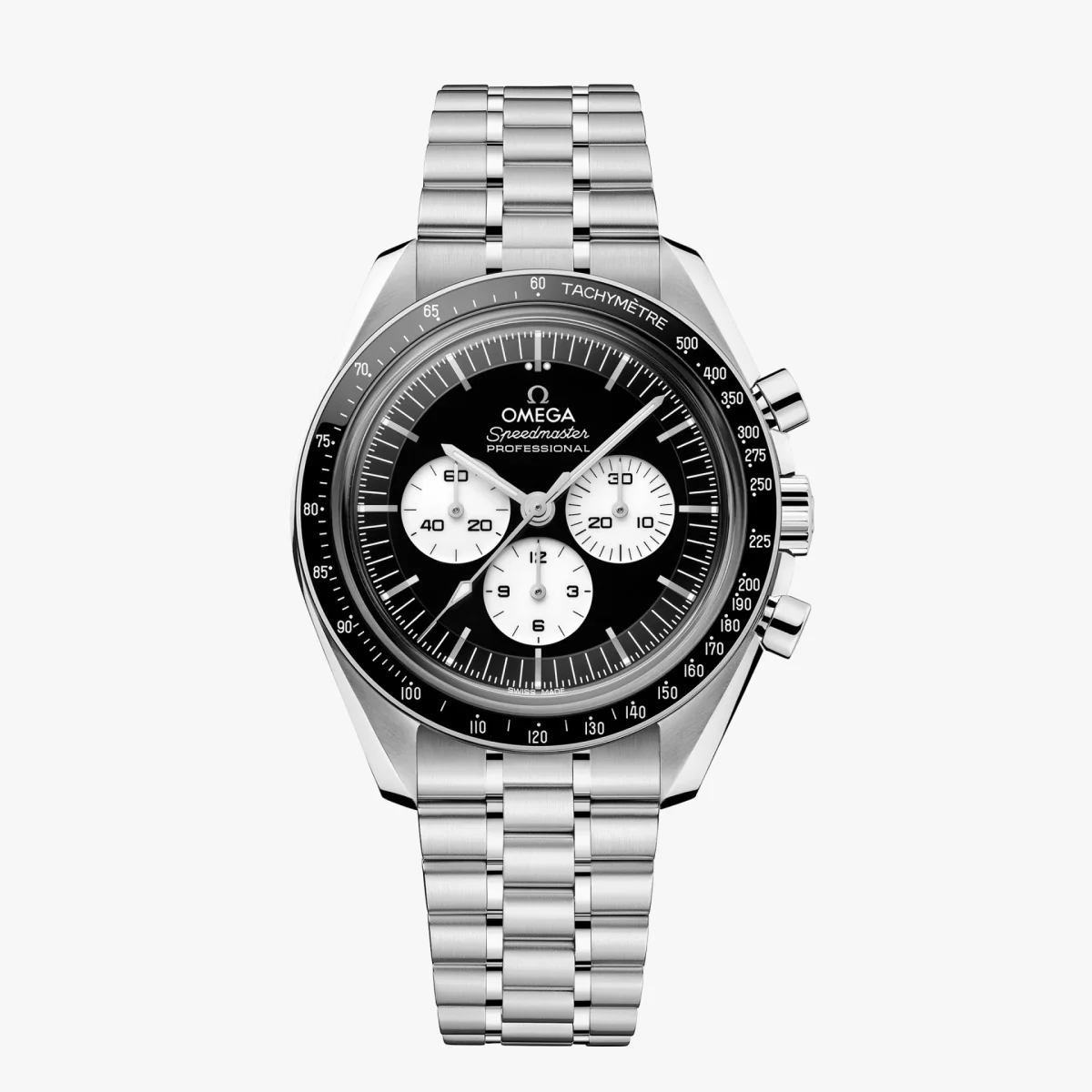 Omega Speedmaster Professional chronograph watch with black dial, white subdials, and stainless steel bracelet.