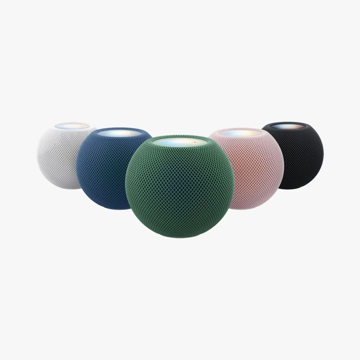 Five spherical smart speakers arranged in an arc, colored white, blue, green, pink, and black.