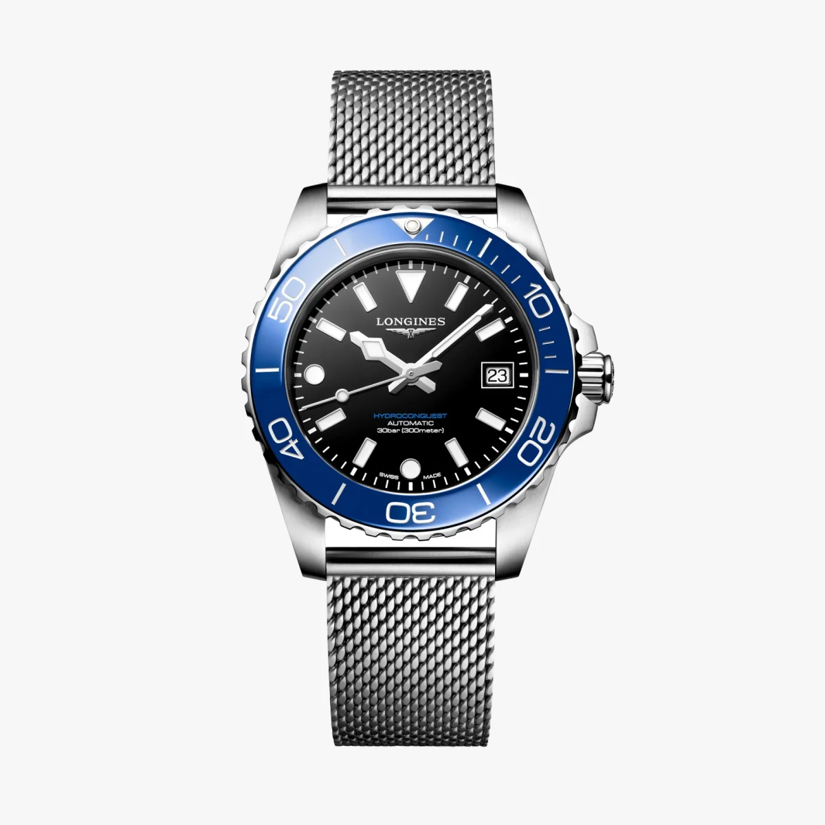 Silver Longines HydroConquest watch with blue bezel, black dial, white markers, and mesh metal strap.