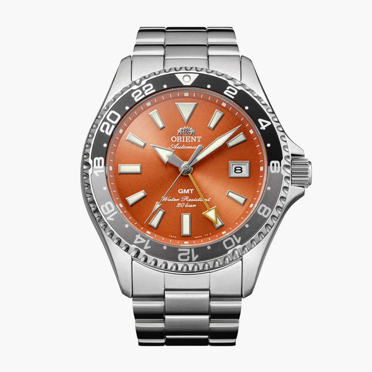 Orient automatic GMT watch with a metallic orange dial, a black and gray 24-hour bezel, and a stainless steel link bracelet.