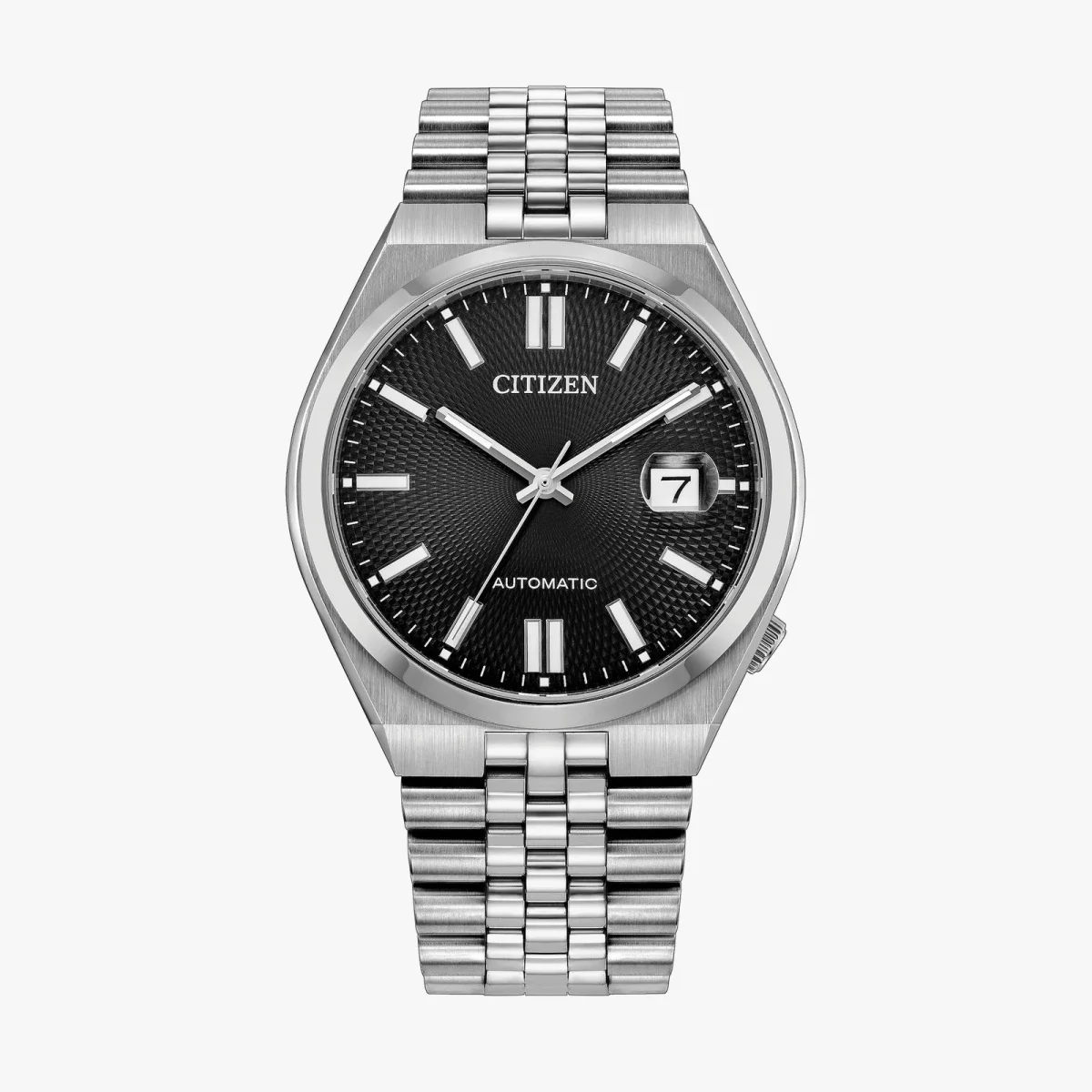 Citizen wristwatch featuring a black textured dial, silver hour markers, date window at 3 o’clock, and stainless steel bracelet; the face shows CITIZEN and AUTOMATIC.