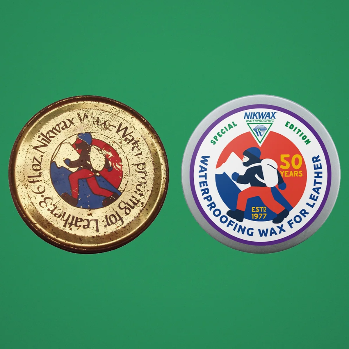 A weathered, vintage Nikwax tin lid positioned beside a clean, 50th-anniversary edition Nikwax waterproofing wax tin.