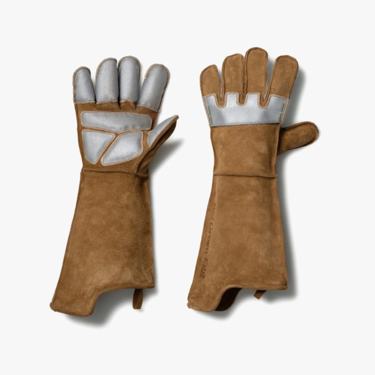 Pair of brown leather work gloves with silver protective padding on fingers and palms.