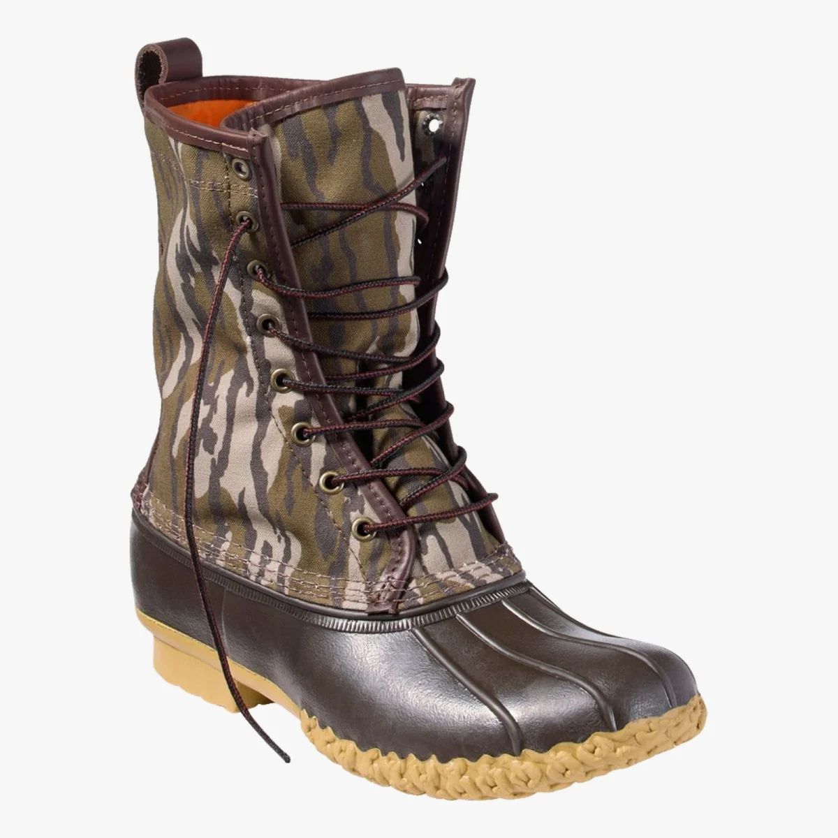 Duck boot with brown rubber lower, camouflage fabric upper, brown laces, and tan sole.