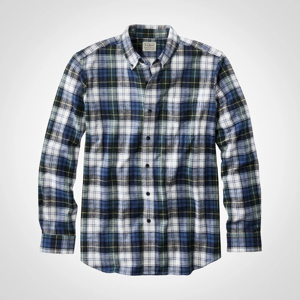 Blue, green, black, and white plaid button-up flannel shirt with long sleeves and a collar.
