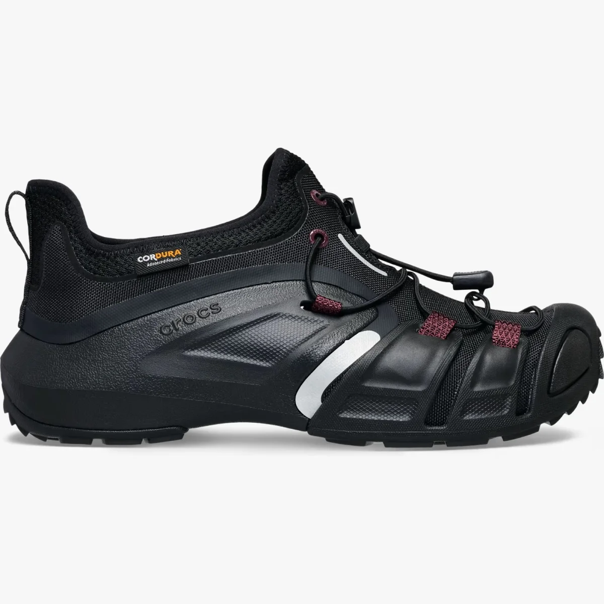 Black all-terrain sneaker with mesh upper, protective toe cap, toggle laces, and maroon accents on the lace loops, shown in a side view.