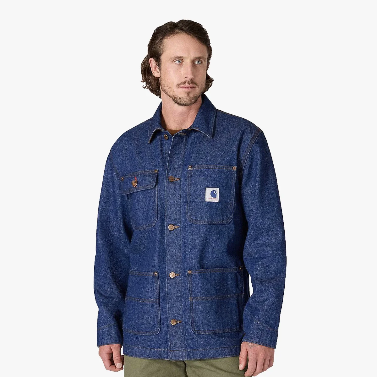 Blue denim jacket with multiple pockets and brass buttons, shown against a plain white background.