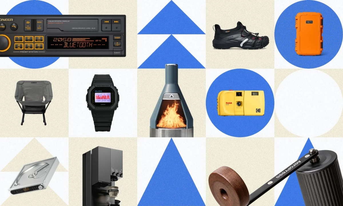 Collage of assorted products including a Pioneer car stereo, Crocs shoe, YETI case, chair, Casio watch, fireplace, Kodak camera, turntable, coffee machine, and grinder.