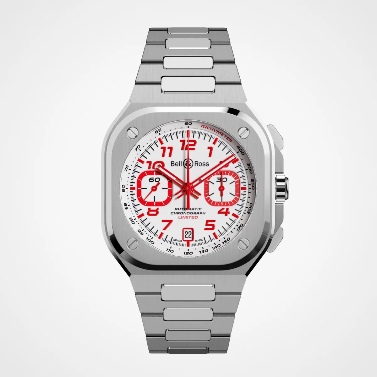 Bell & Ross square automatic chronograph watch featuring a white dial, red numerals, red subdials, and a silver metal link bracelet.