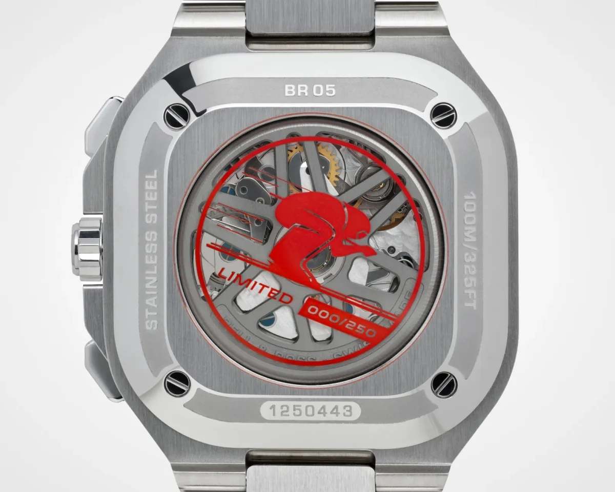 Exhibition case back of a stainless steel BR 05 watch, featuring a red graphic of a skier and the text LIMITED 000/250 printed on the glass over the movement.