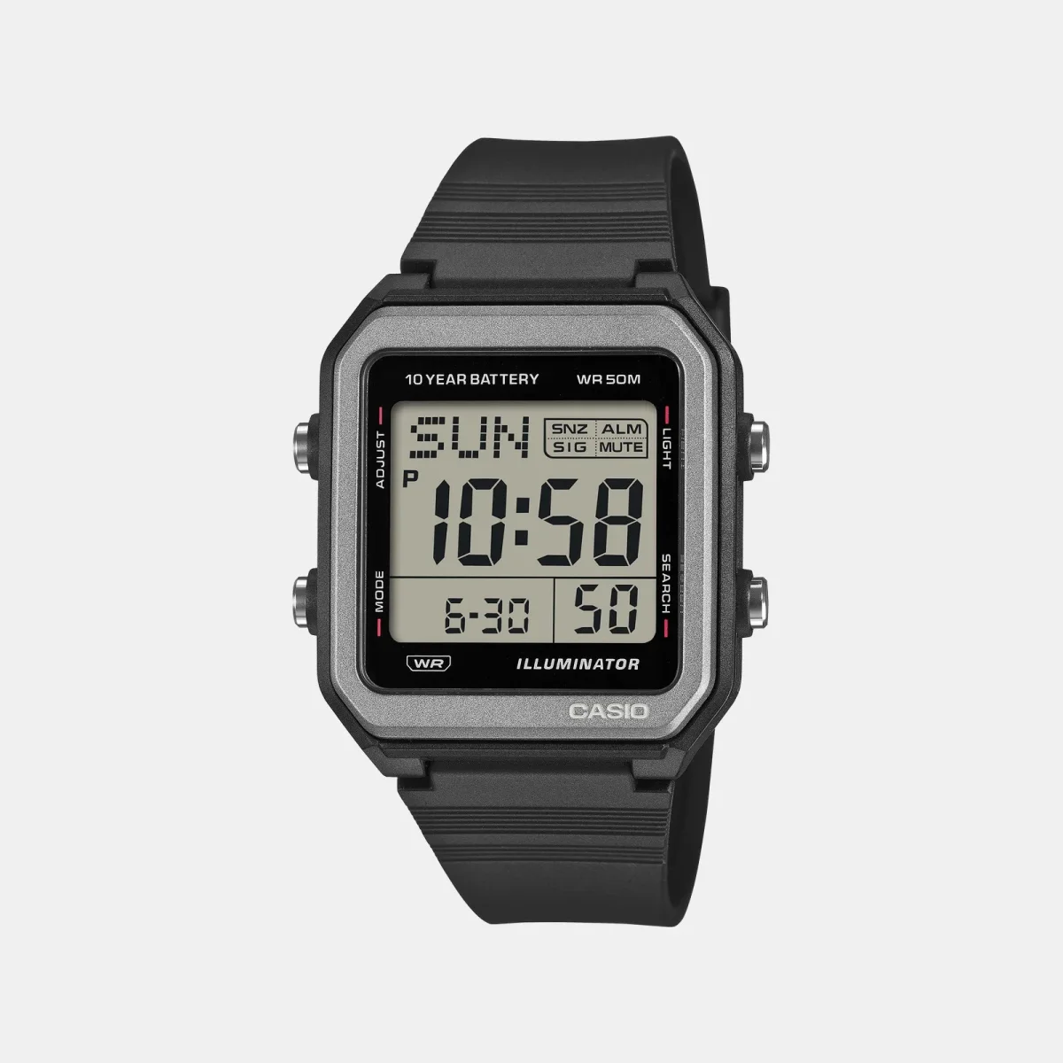 Black digital Casio watch with a square case, grey face, and a silicone strap.