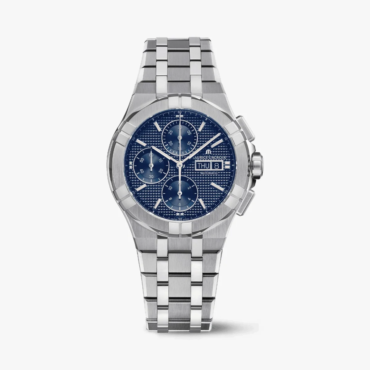 Maurice Lacroix Aikon chronograph watch in stainless steel with a link bracelet, featuring a blue textured dial, three sub-dials, and a day-date display.
