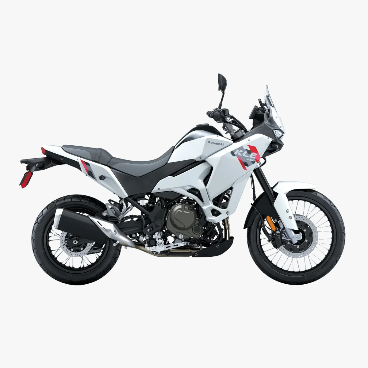 White Kawasaki KLE 650 adventure motorcycle, side view.